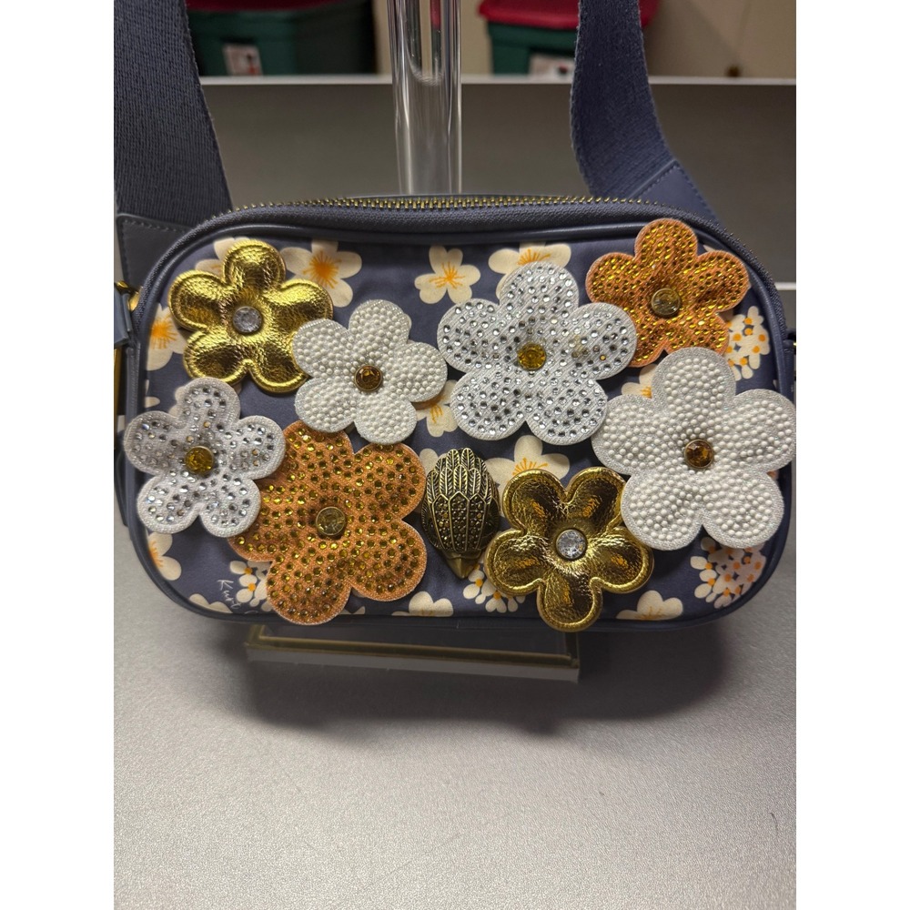 Kurt Geiger London Blue Daisy Floral Applique Crossbody Bag Eagle Head Crystal